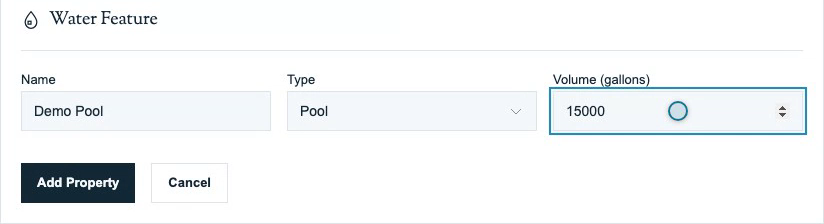 Water-feature name, type and volume fields before adding the service location.