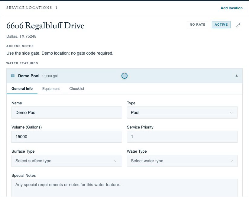 Saved service location with an expanded water feature and its General Info fields.