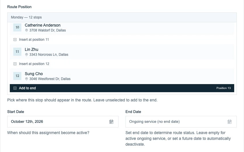Route position, start date and optional end date in the route-assignment form.