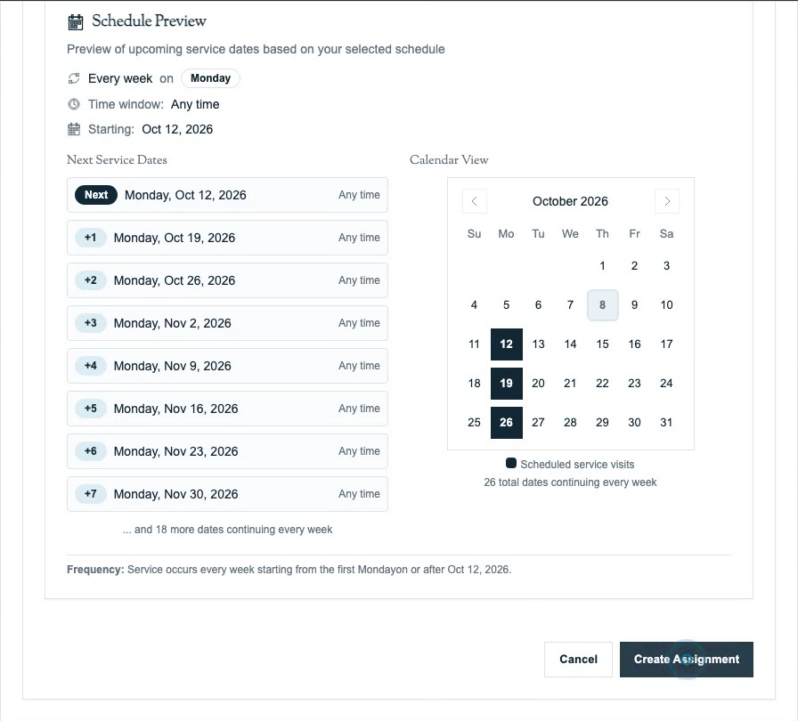 Schedule Preview showing upcoming service dates, the calendar and Create Assignment action.
