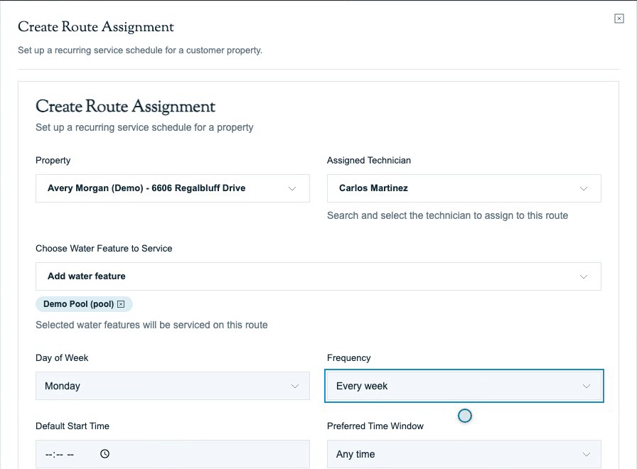 Route-assignment property, technician, water feature, weekday and frequency fields.