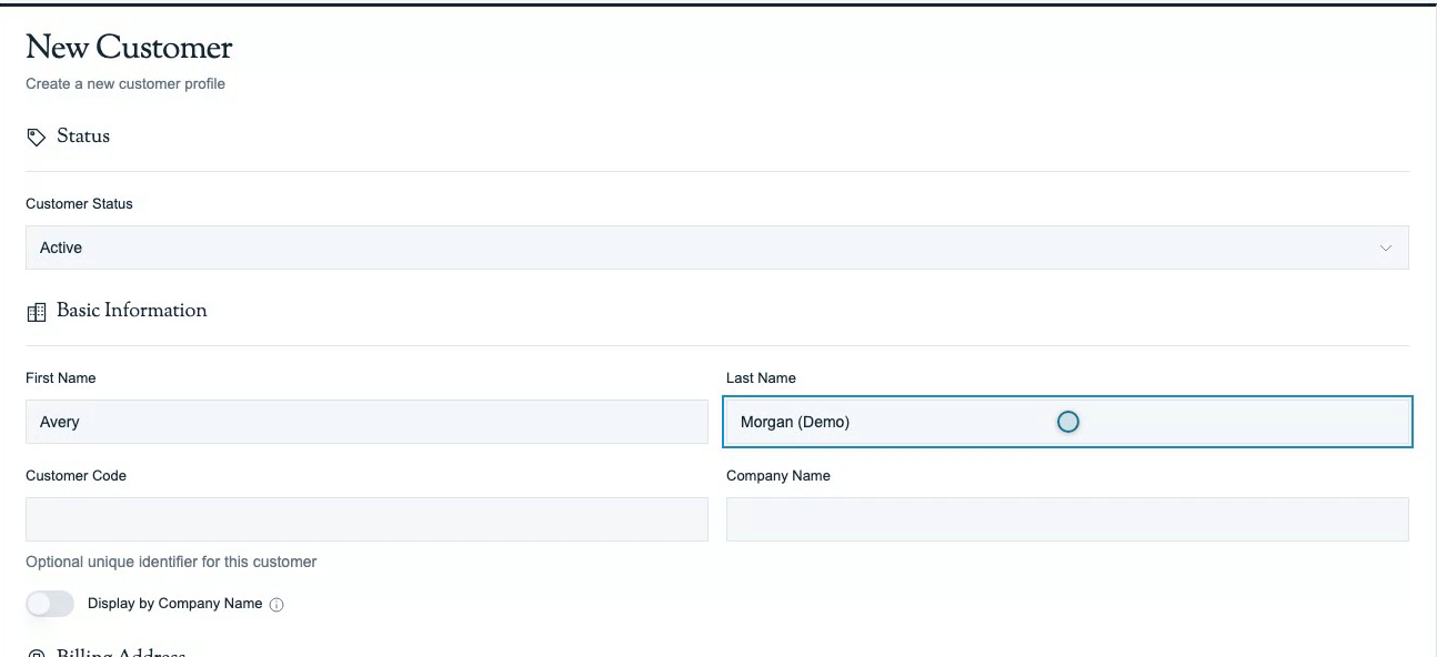 Customer form with account status and the required first and last name fields.