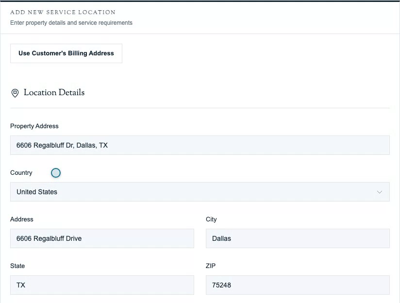 Service-location address fields populated from the selected address.