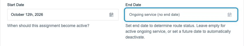 Start Date and optional End Date fields for the recurring assignment.