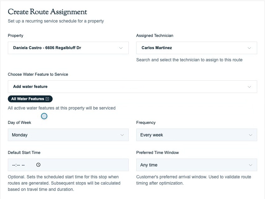 Create Route Assignment form showing the selected property, technician, water features, weekday, and weekly frequency