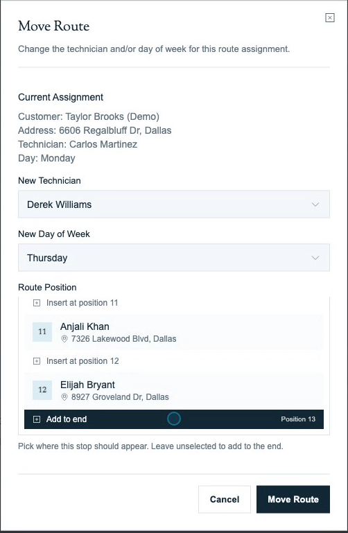 Move Route dialog with the current assignment, new technician, new weekday and route-position choices.