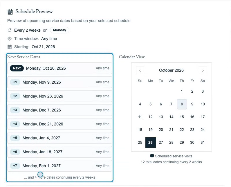 Every-two-weeks preview showing the first selected weekday on or after the start date and the following alternate weeks.