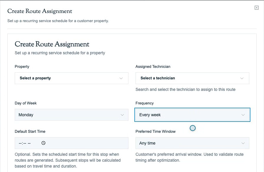 Route-assignment weekday and frequency controls with optional start-time and arrival-window fields.