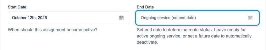 Start Date and optional End Date fields, with guidance for ongoing and seasonal service.