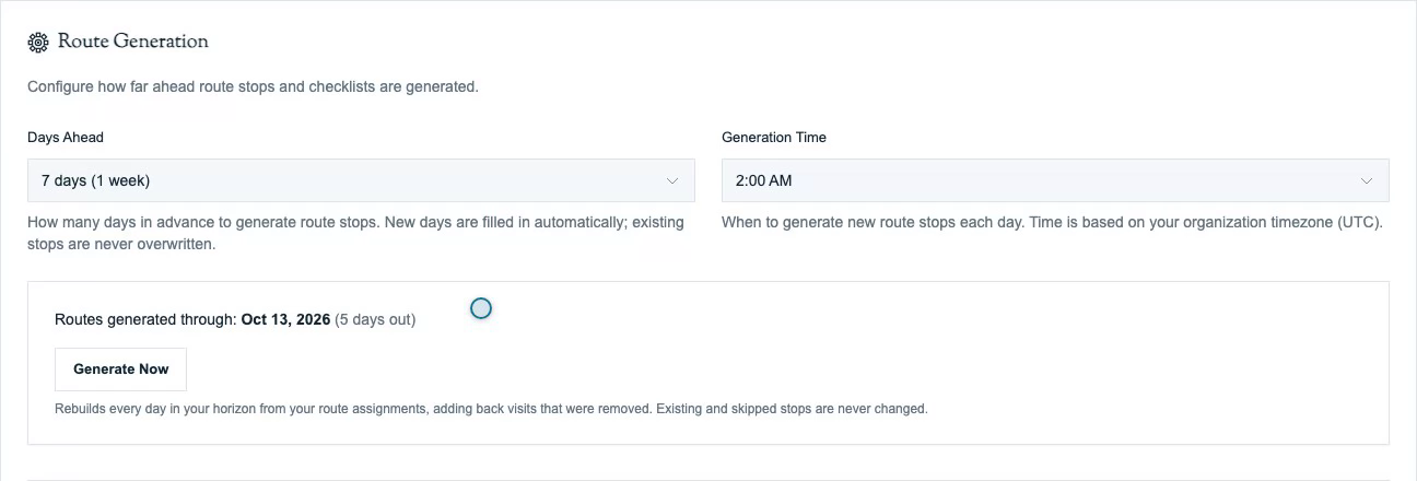 Route Generation settings showing Days Ahead, Generation Time, organization timezone and generated-through status.