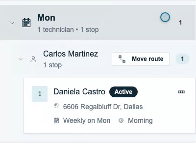 Saved route assignment showing its technician, weekday, weekly cadence and preferred arrival window.