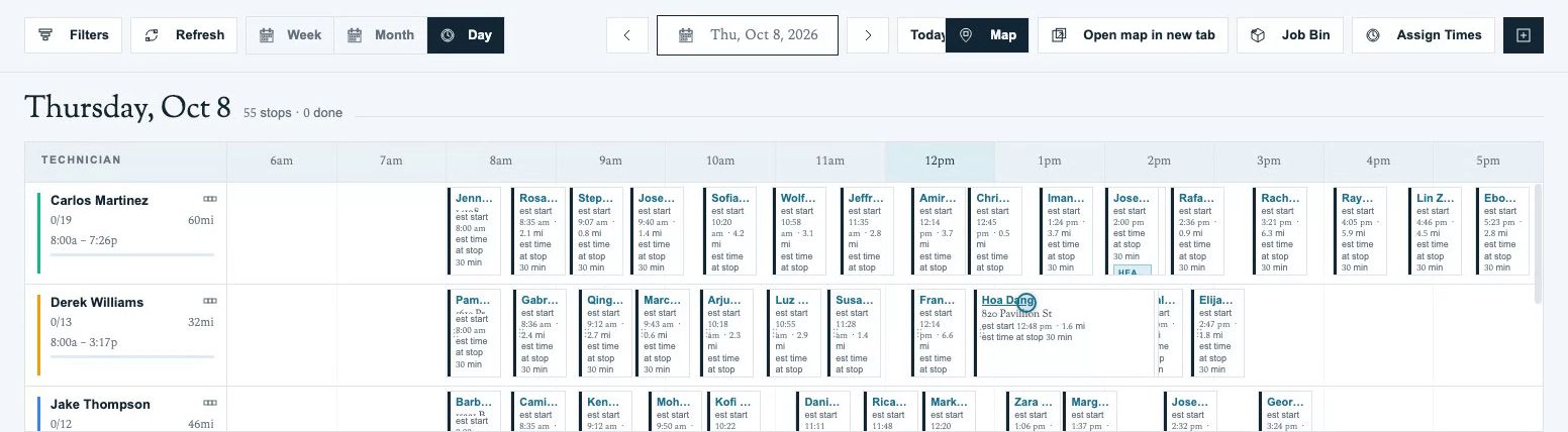 Schedule Day view places technicians in rows against an hourly timeline.
