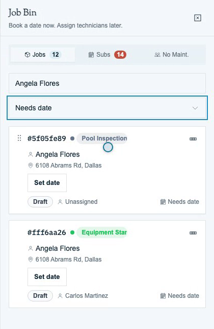 Job Bin with Jobs, Subs and No Maint. tabs, a Needs date filter and undated job cards.