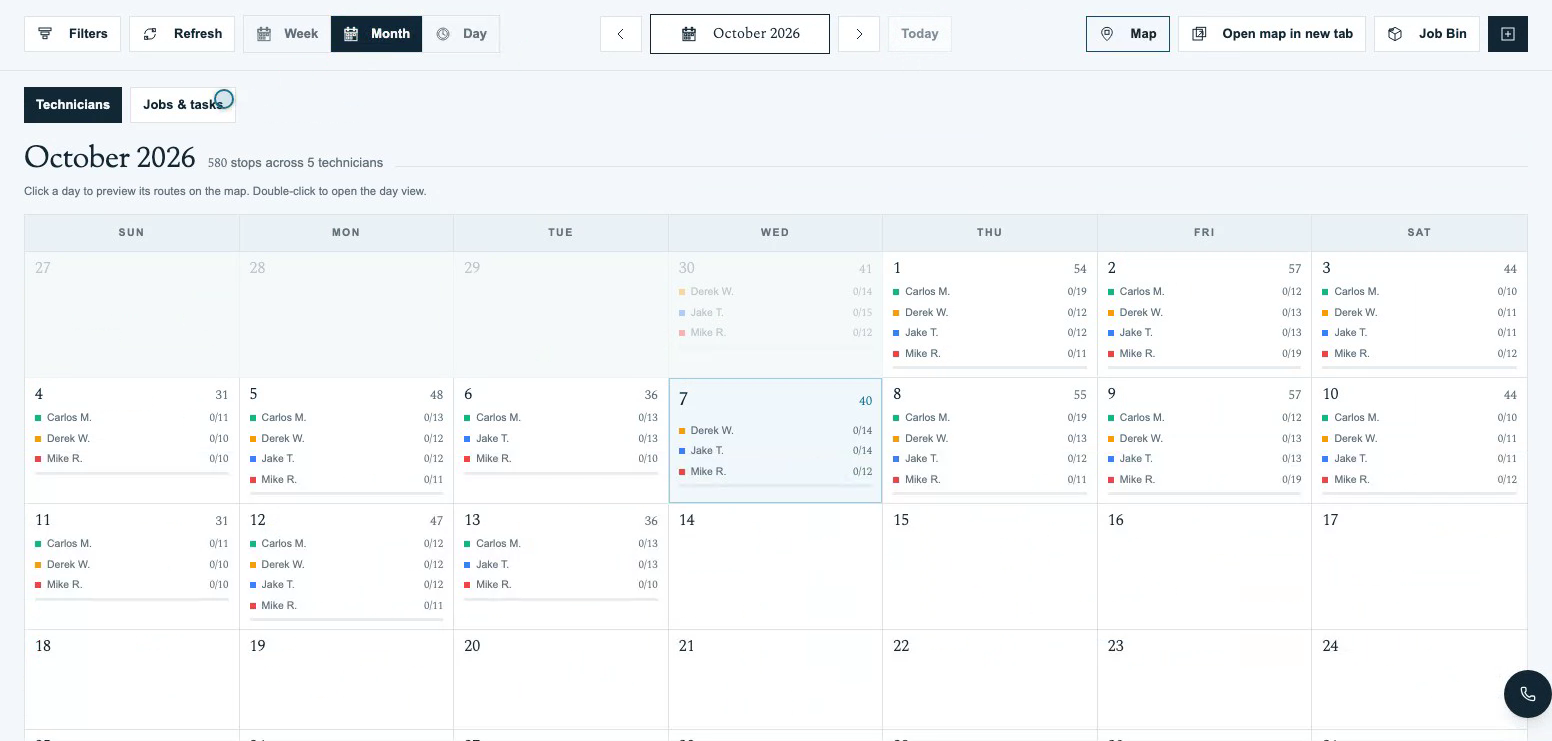 Schedule Month view groups technicians' stops by date and offers a separate Jobs & tasks view.