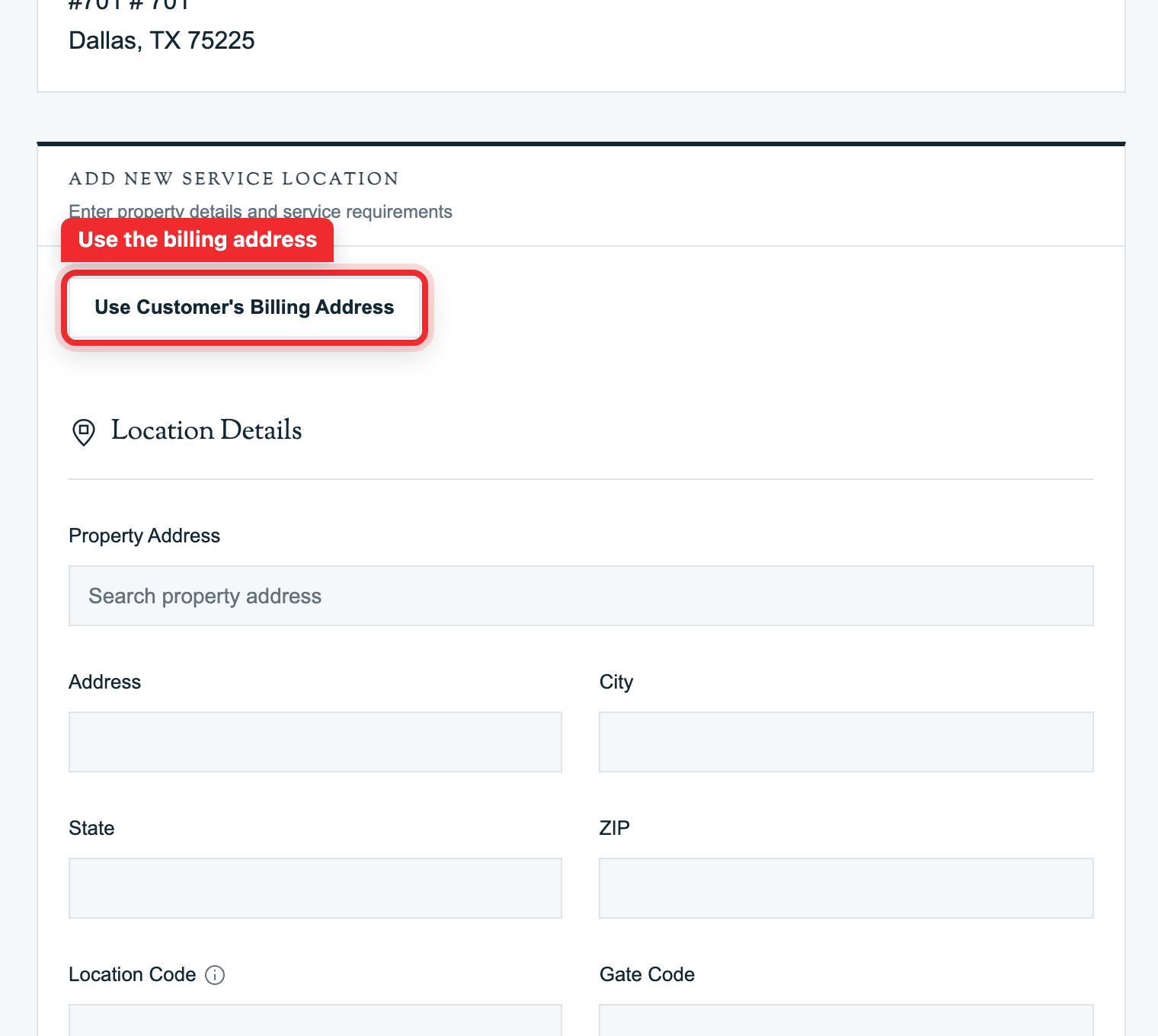 Property address autocomplete with suggestions visible