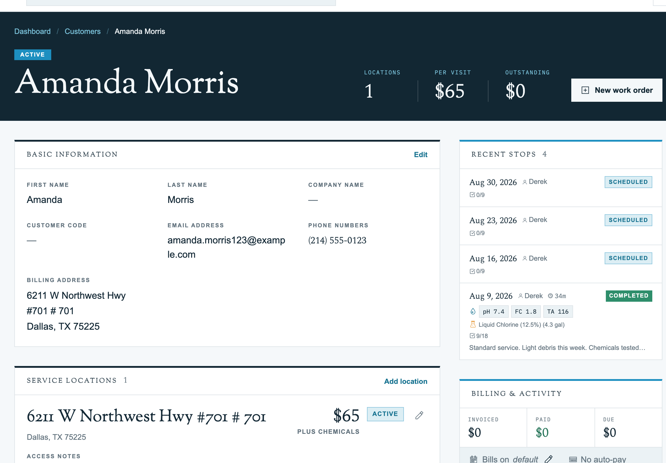 Customer profile showing the account status and connected service information