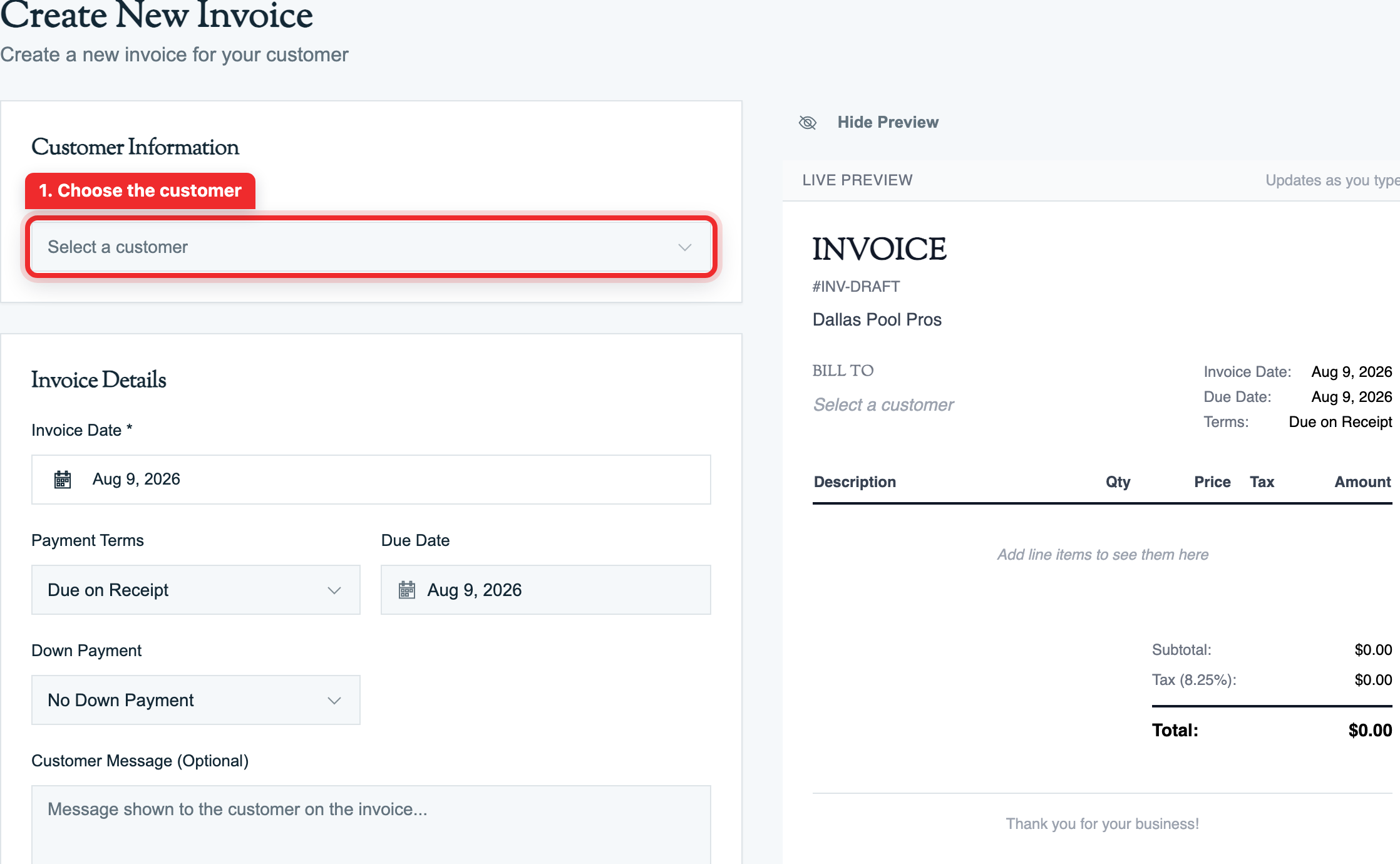New Invoice form with customer search, line items, totals sidebar