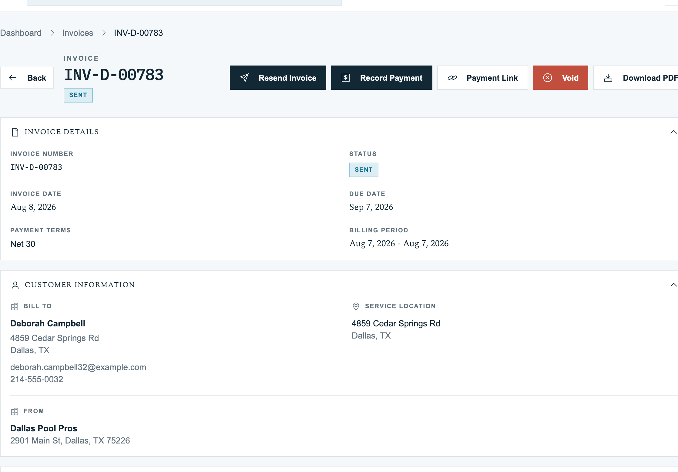 Invoice detail with the payment and follow-up actions used by the office