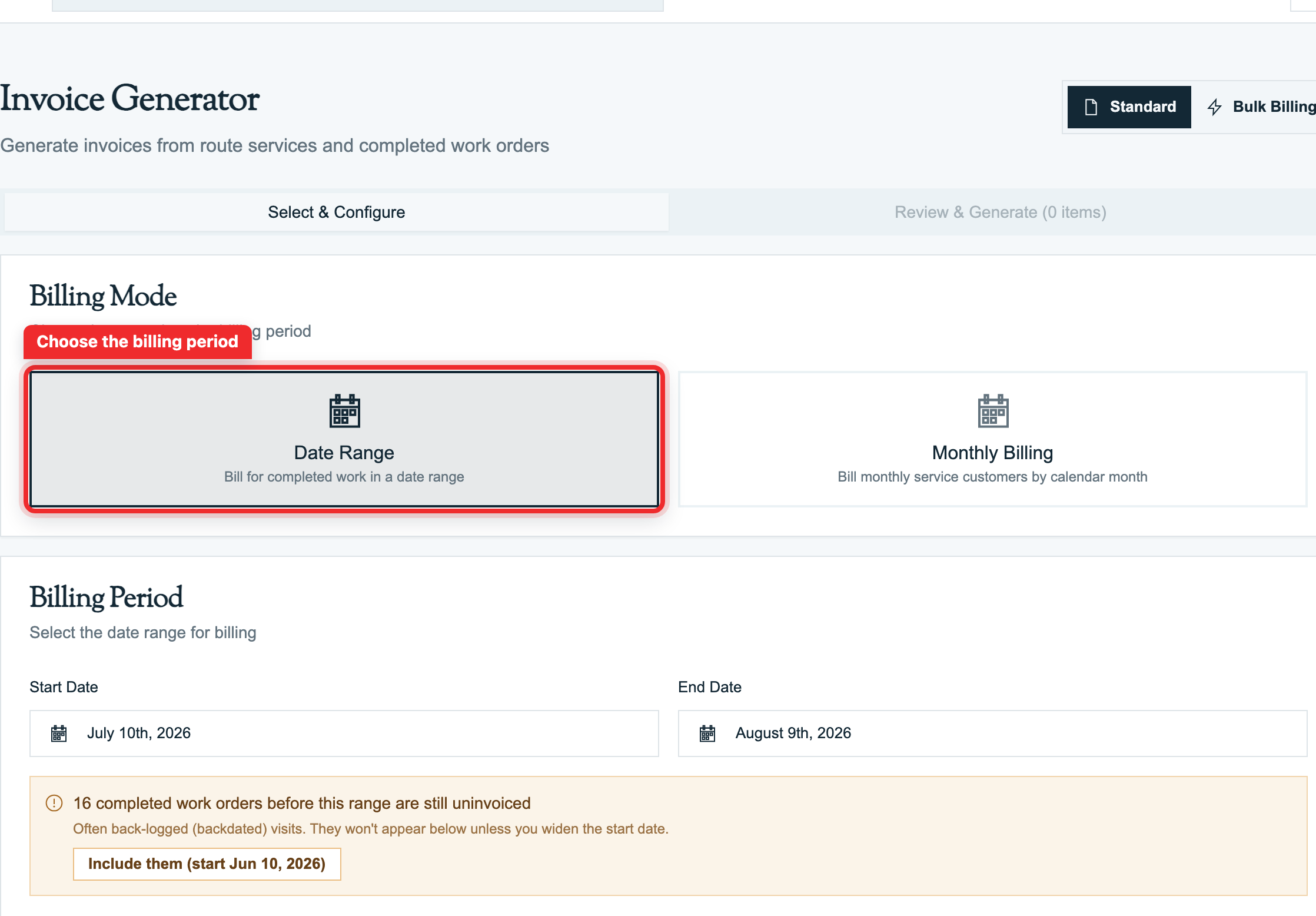 Invoice Generator with Standard and Bulk Billing modes, Select & Configure and Review & Generate tabs, and billing-period controls
