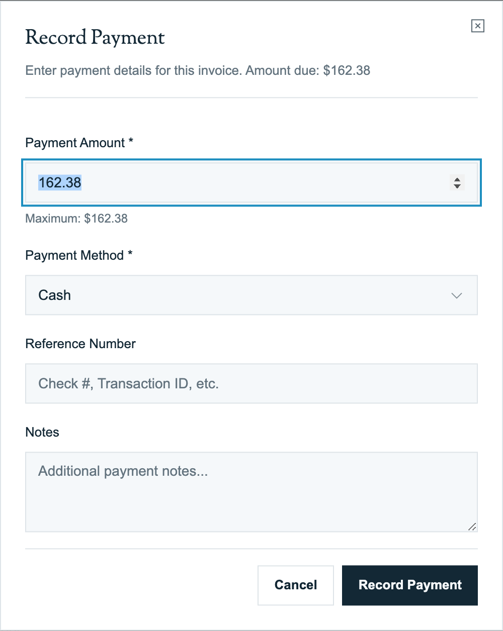 Record Payment form opened from an invoice detail page