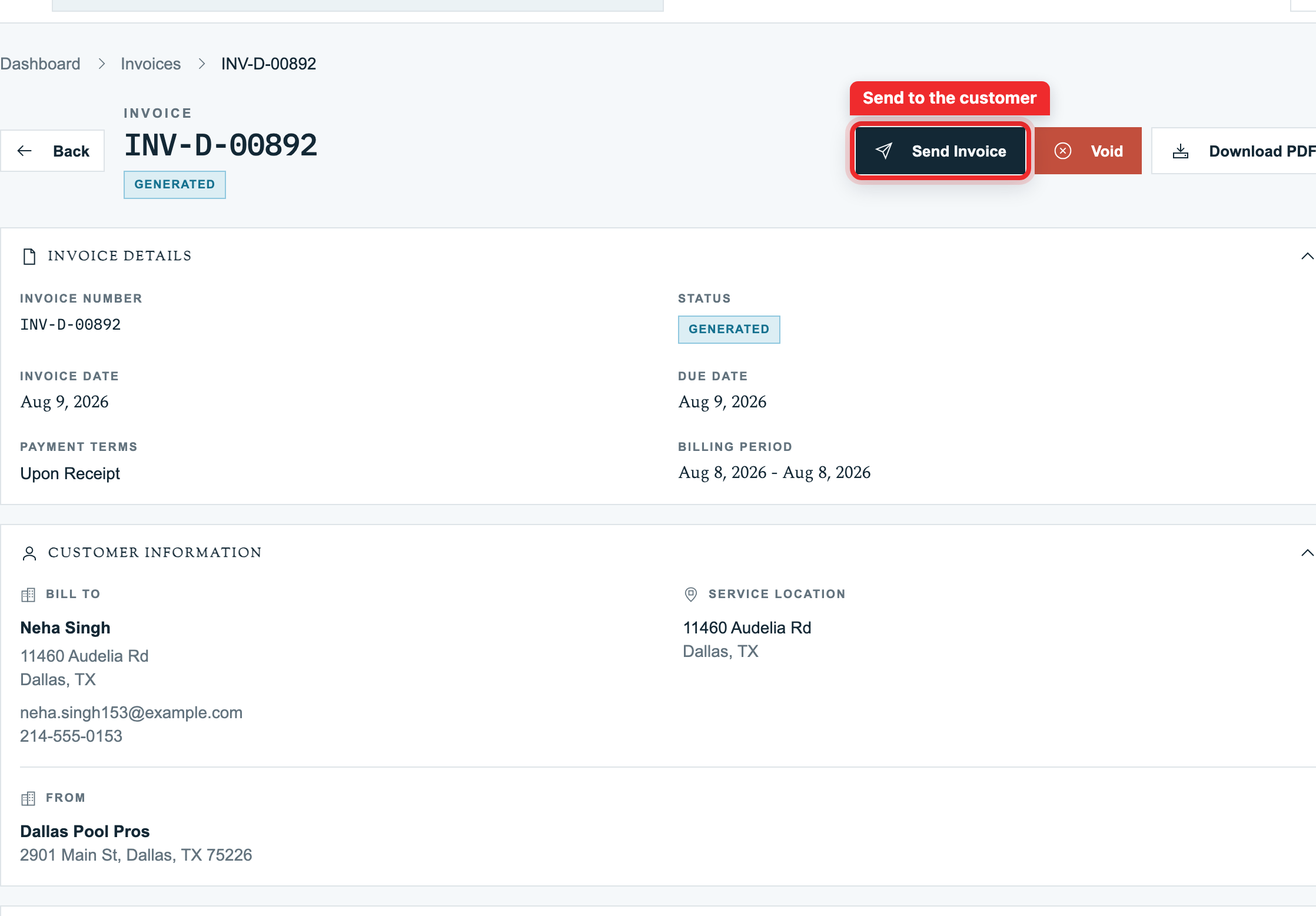 Invoice detail page with the Send Invoice action highlighted