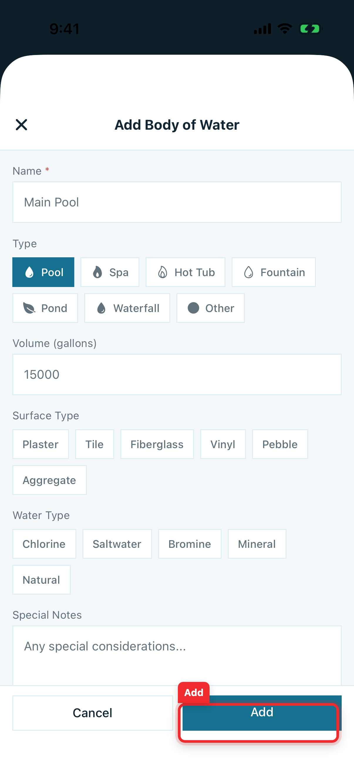 Add Body of Water form with realistic pool details and the Add button highlighted