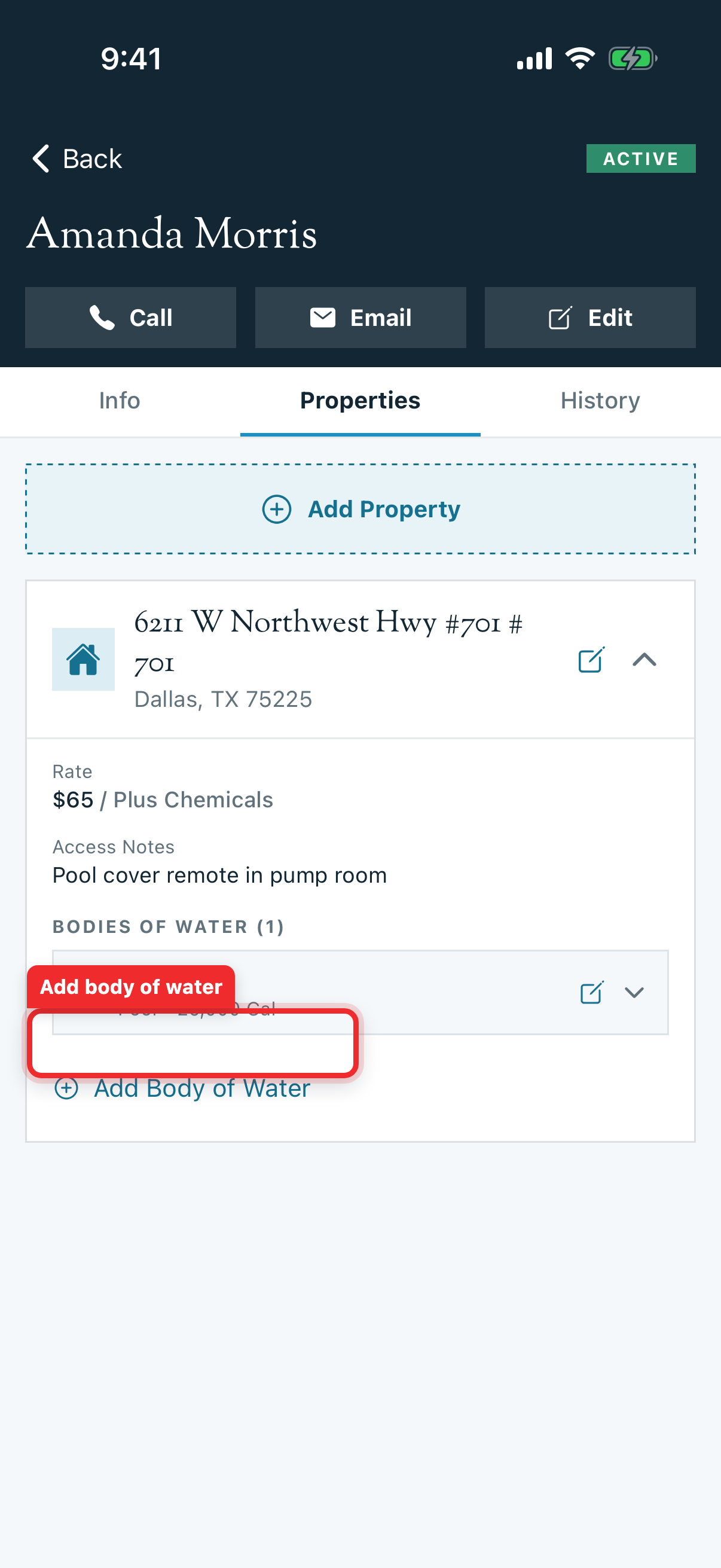 Expanded property card on the Properties tab with Add Body of Water highlighted