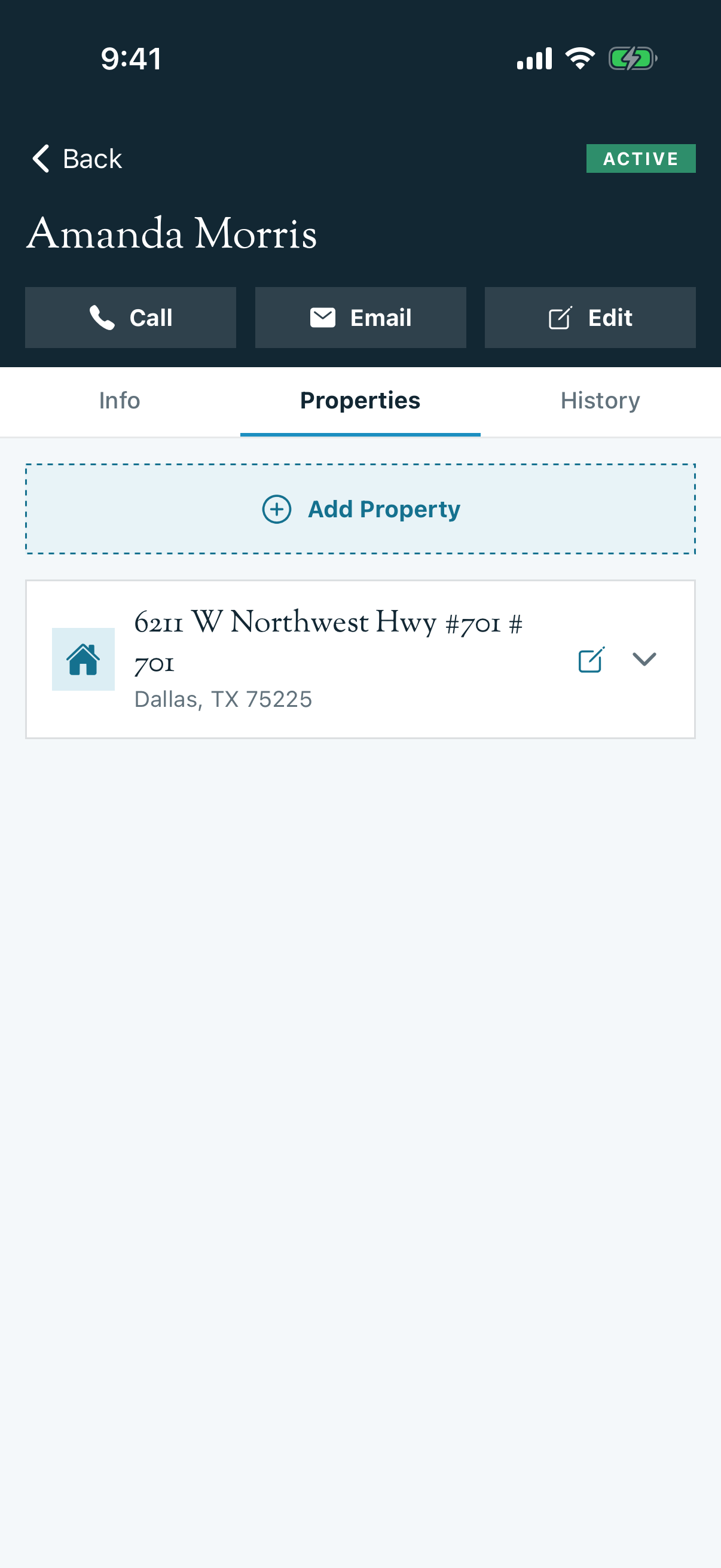 Customer profile Properties tab with Add Property and an existing property highlighted