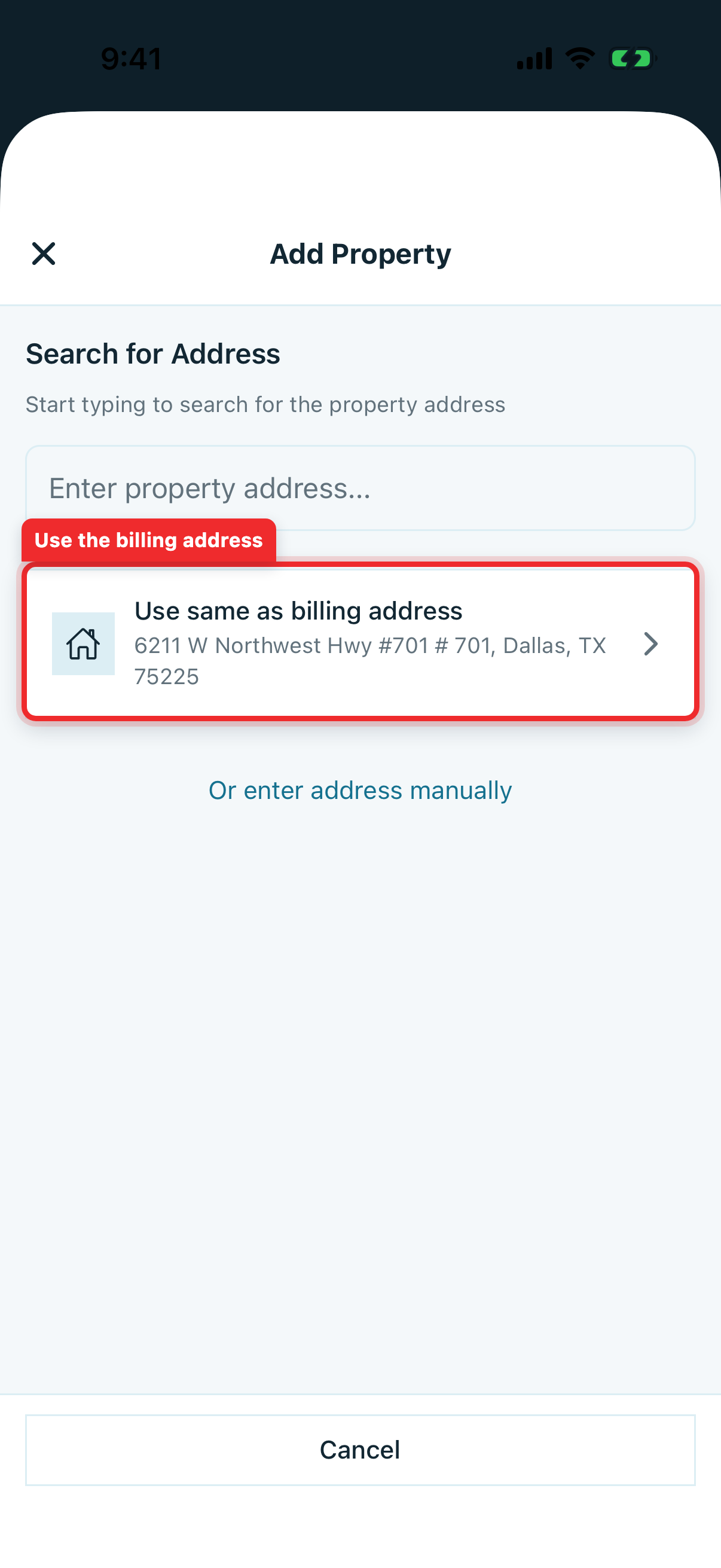 Address-first property flow with Use same as billing address highlighted