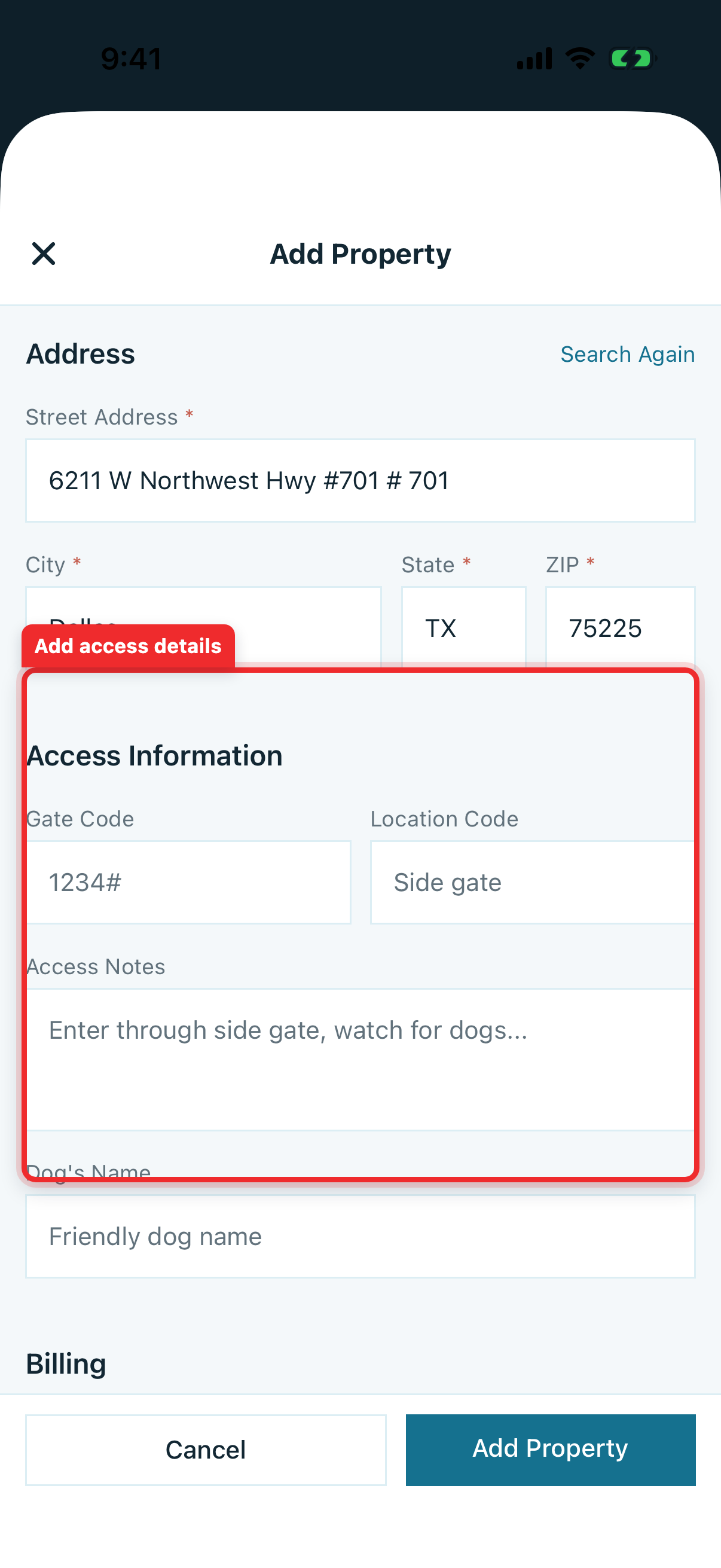 Filled property form with address, gate details, access notes, and Add Property highlighted