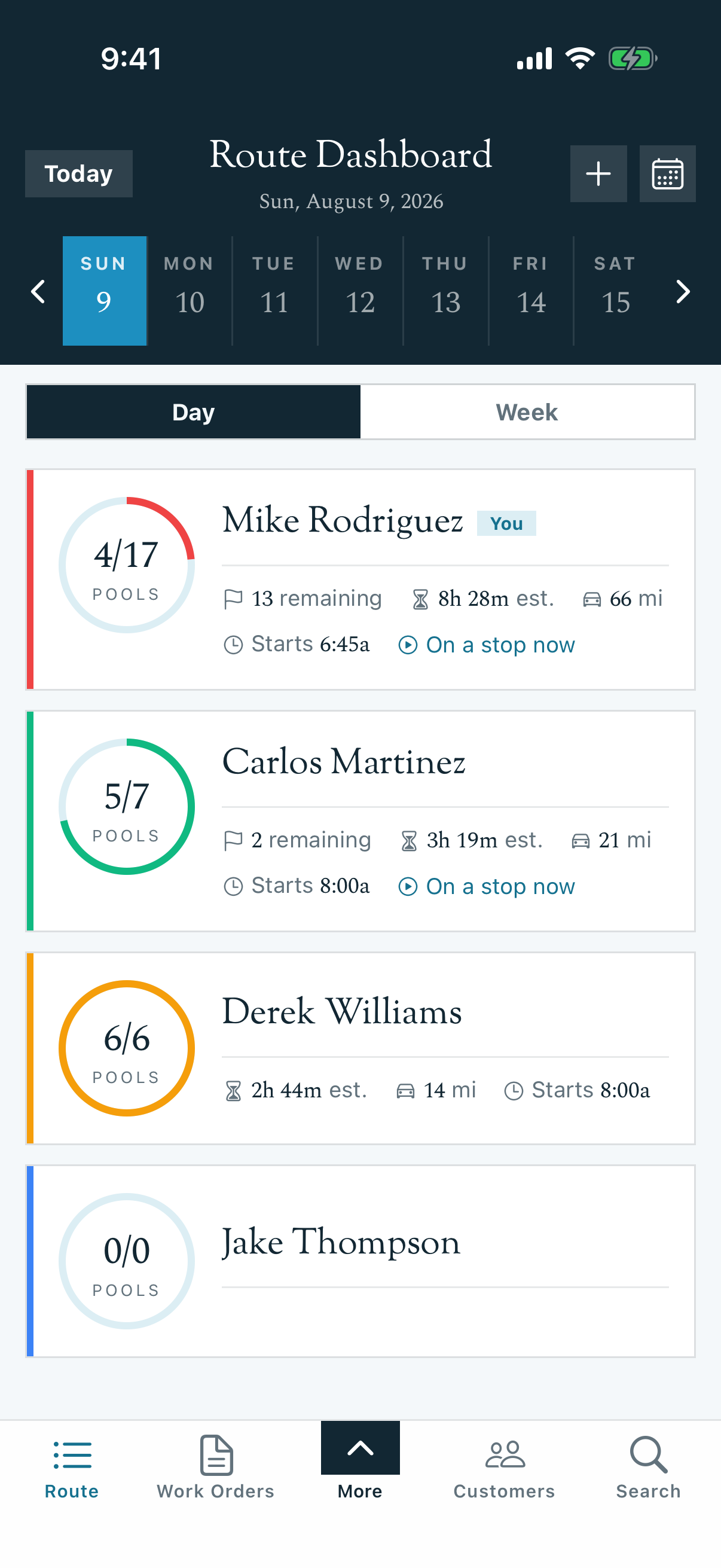 Route Dashboard in day view listing each technician with their stop progress