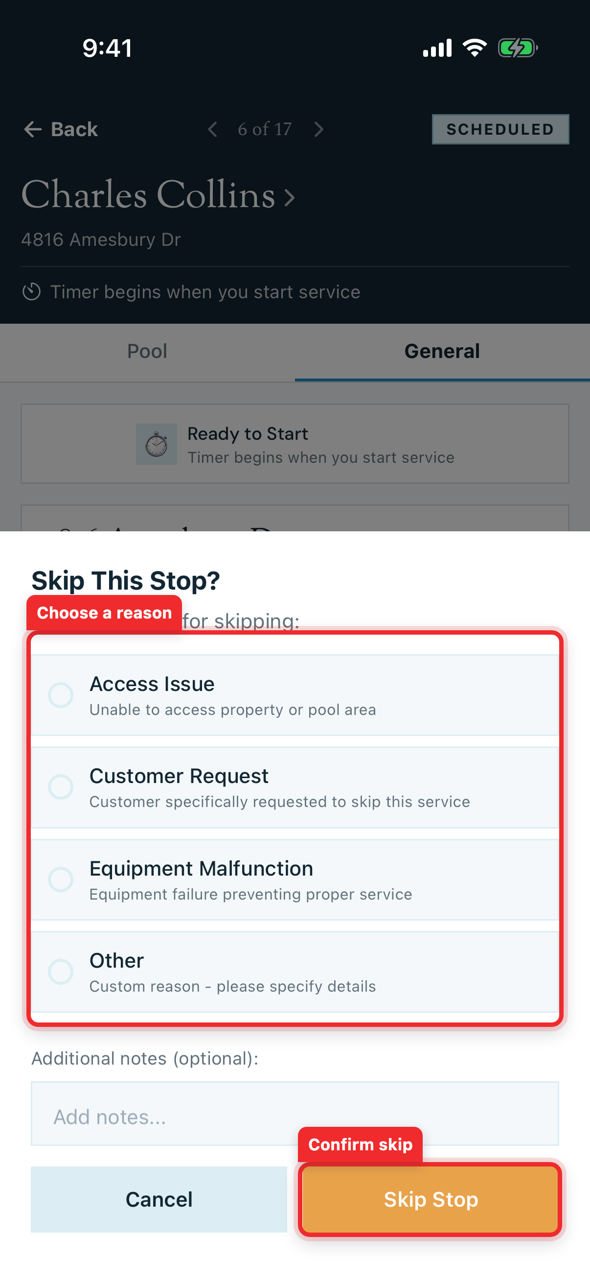 Skip This Stop modal with reason options, notes, and the confirmation button highlighted