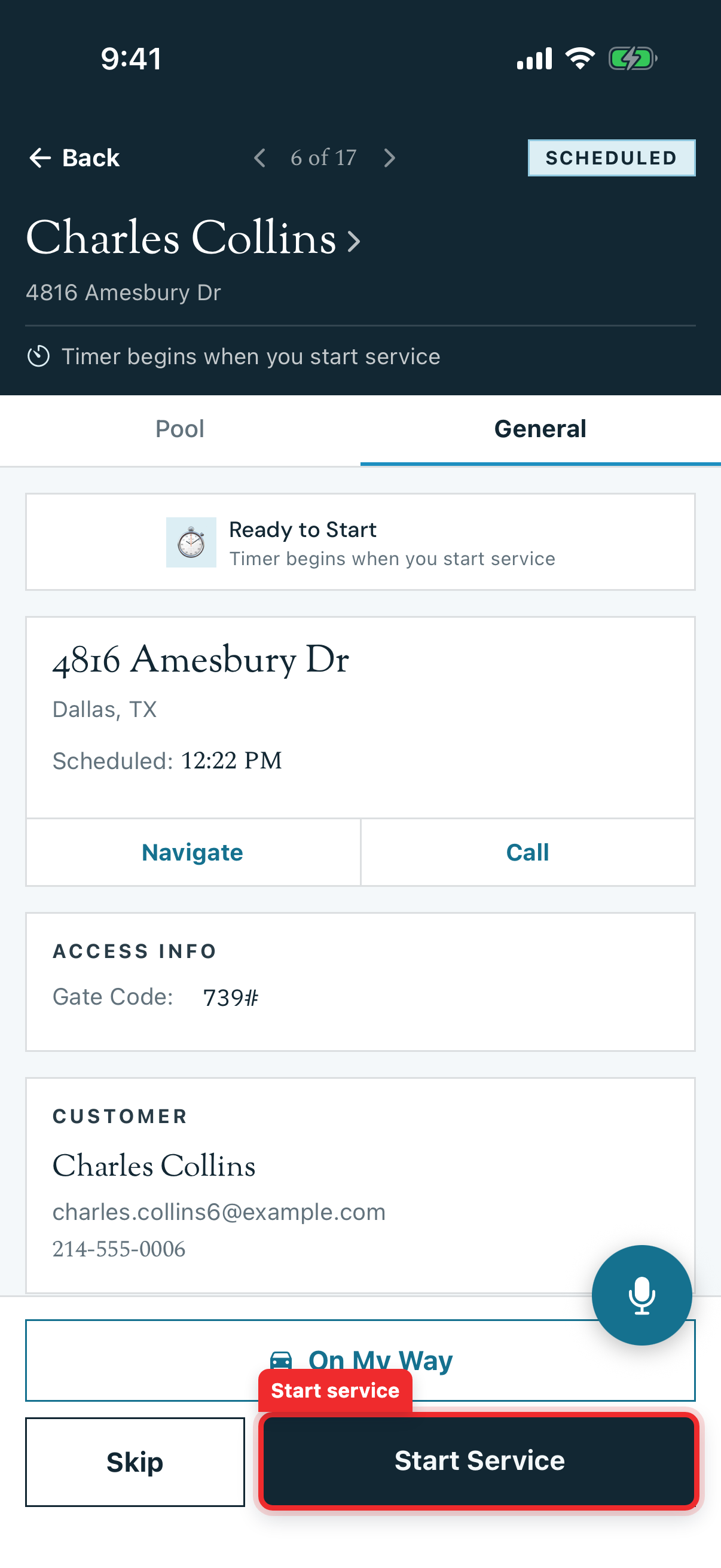 Stop detail for a scheduled stop with the General tab and Start Service button highlighted
