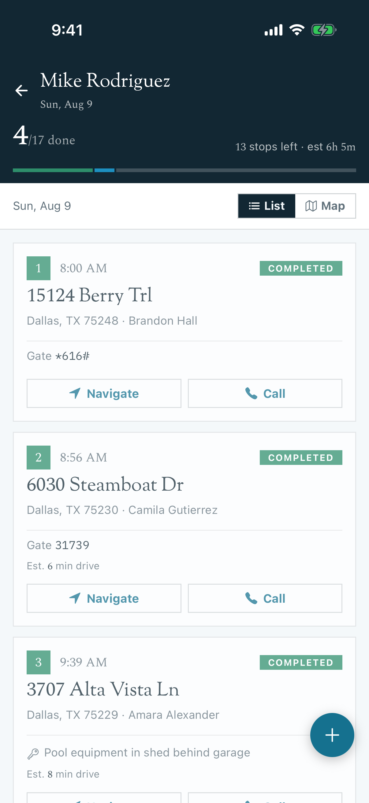A technician's route as an ordered list of stops, with the first stop card highlighted