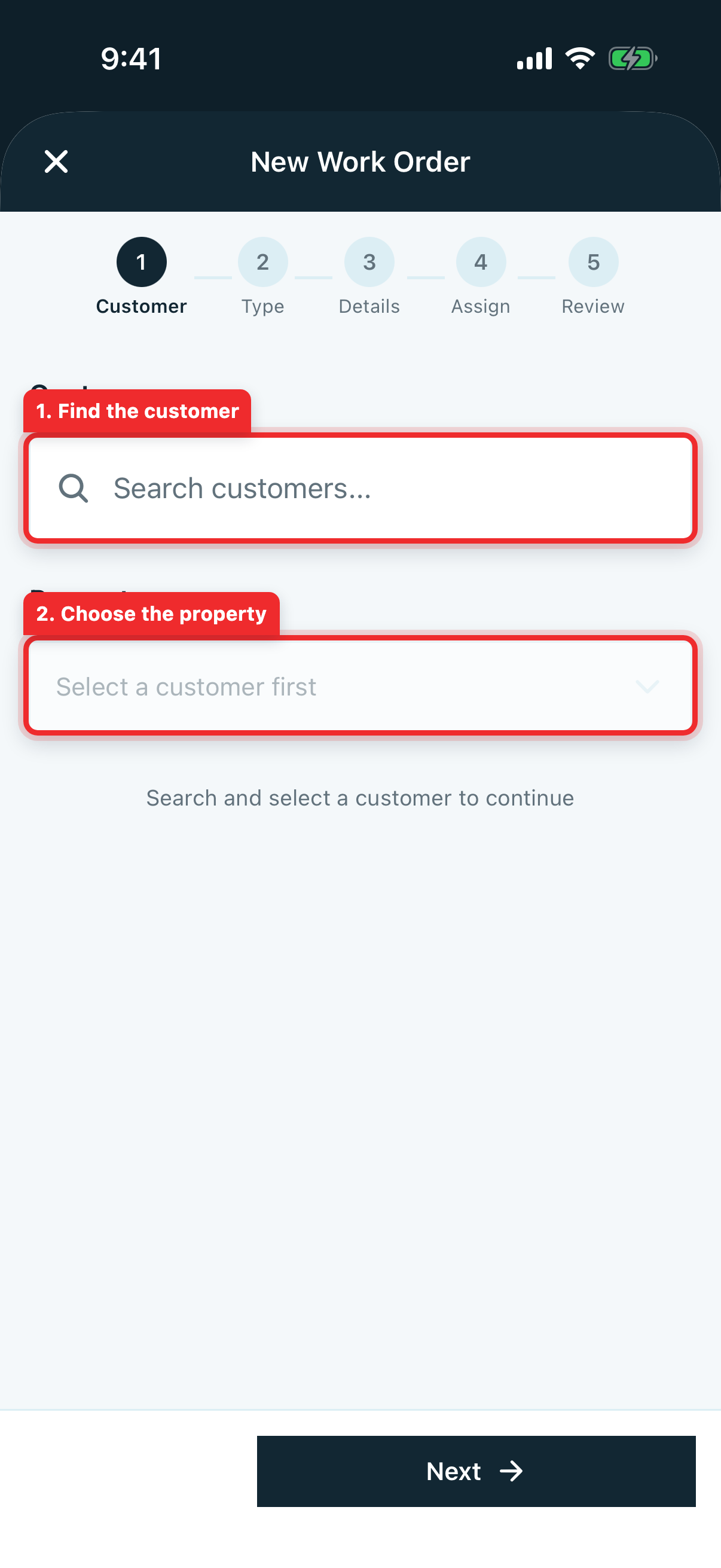 New Work Order wizard on step 1 of 5 with the customer search field and empty property picker
