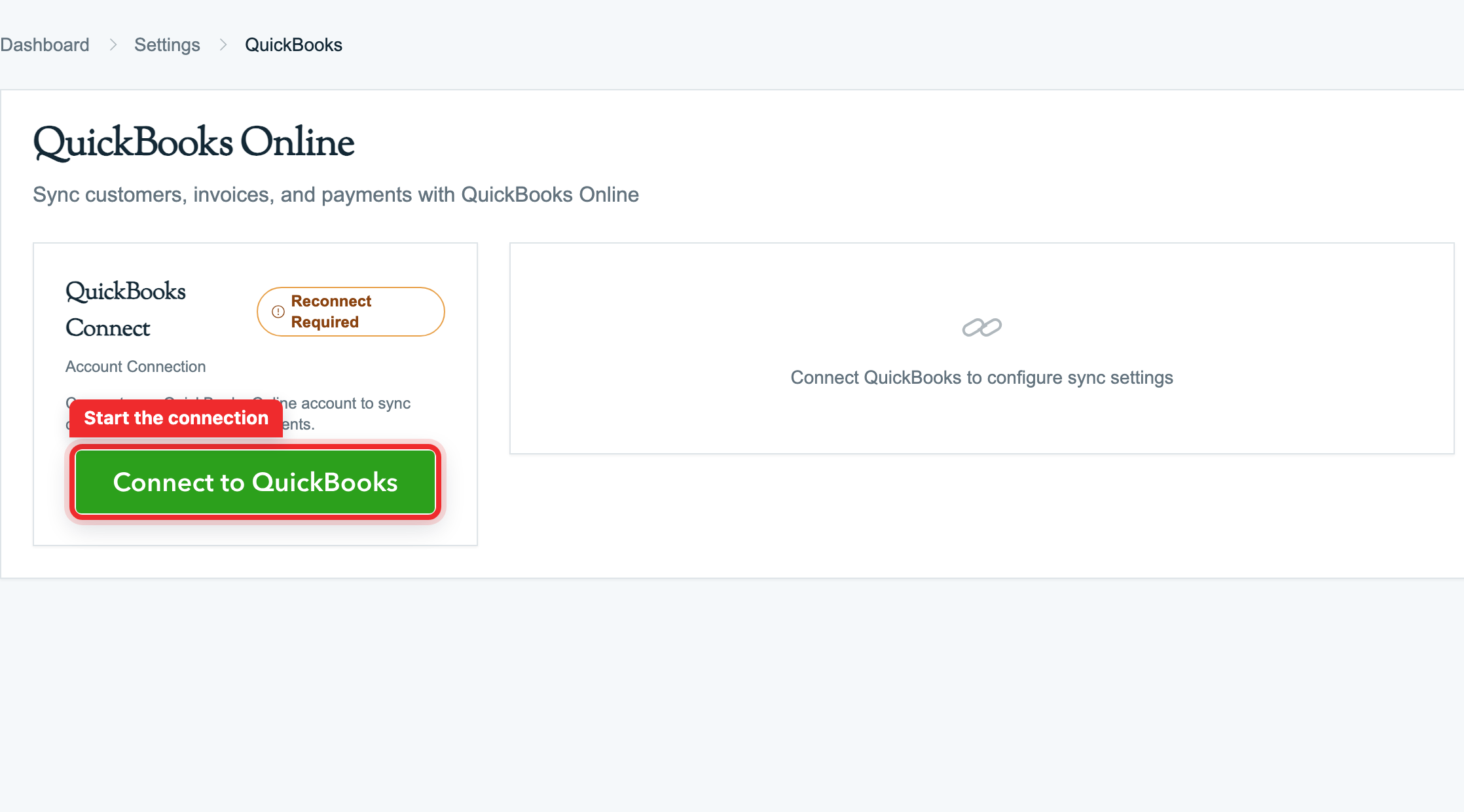 QuickBooks setup screen used to connect and configure the integration