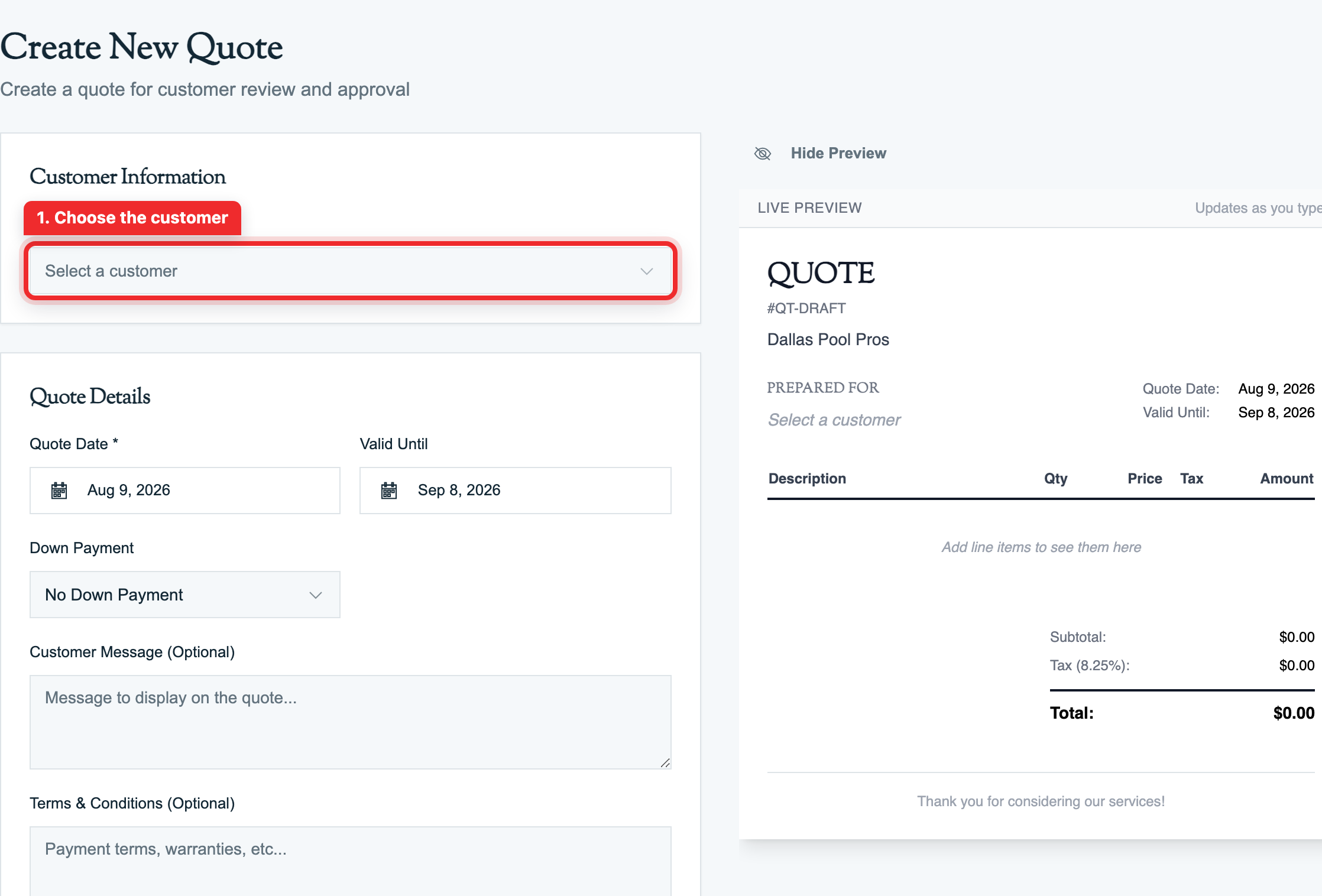 Quote builder with form on left, live PDF preview on right