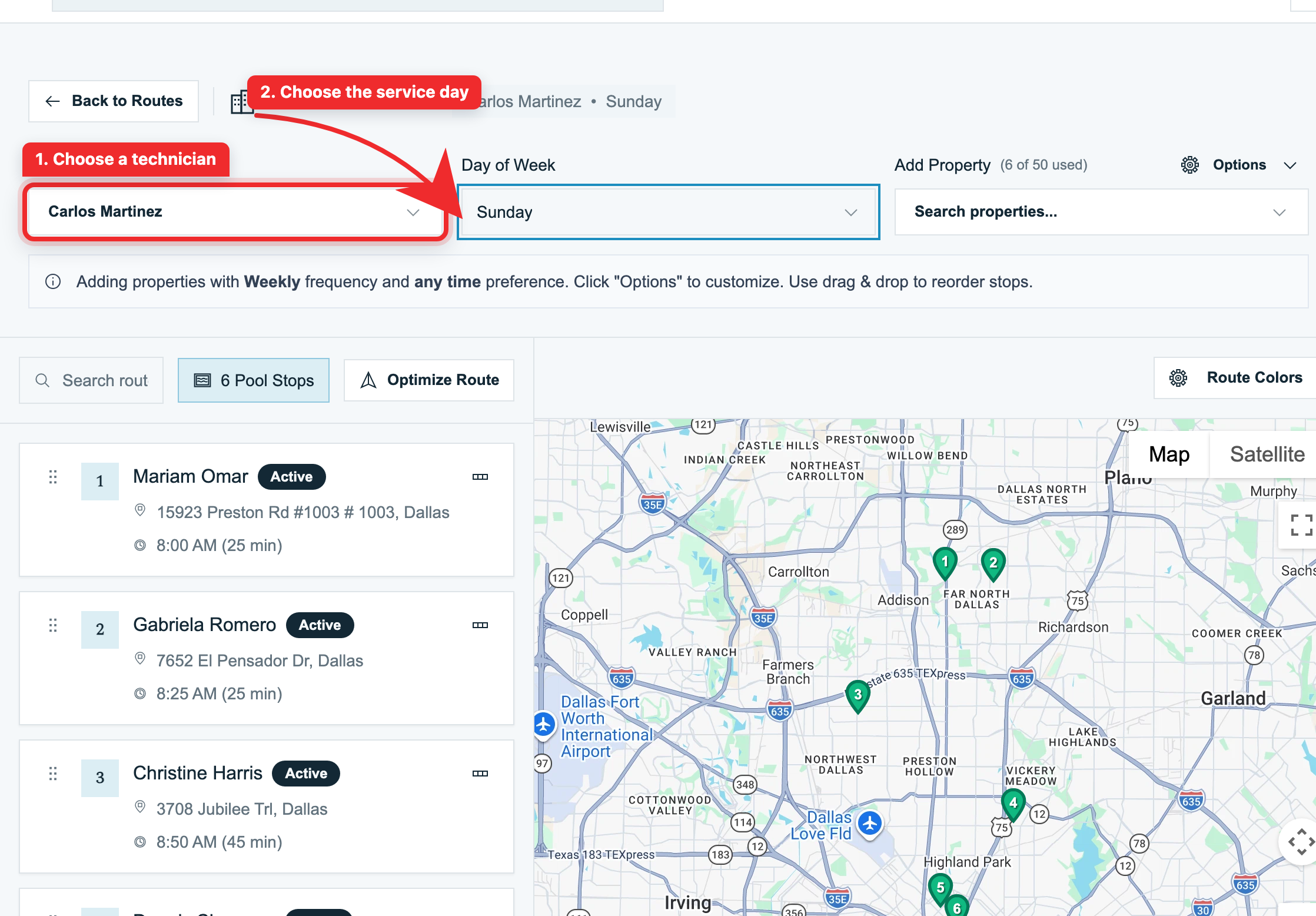 Route Builder showing a technician's ordered stop list beside numbered map pins