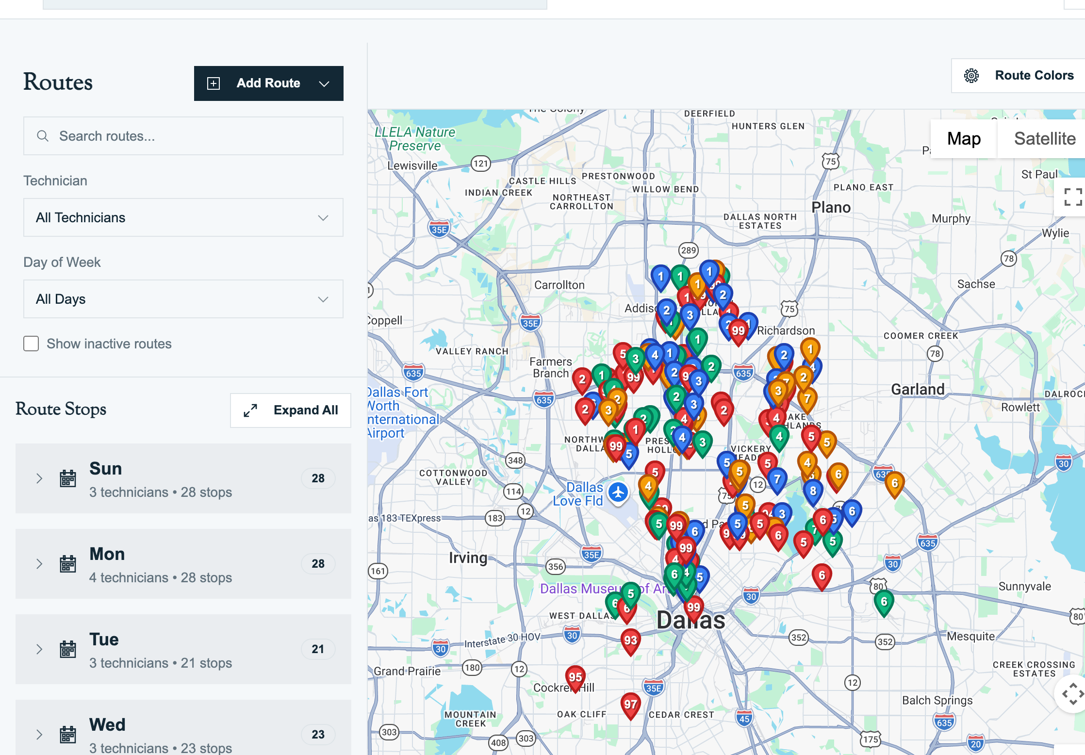 Routes page grouped by day and technician with a map