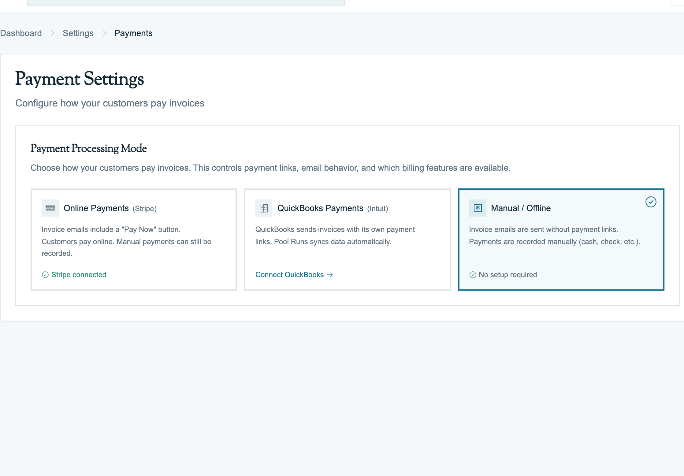 Payment settings for an organization using Pool Runs with online payments