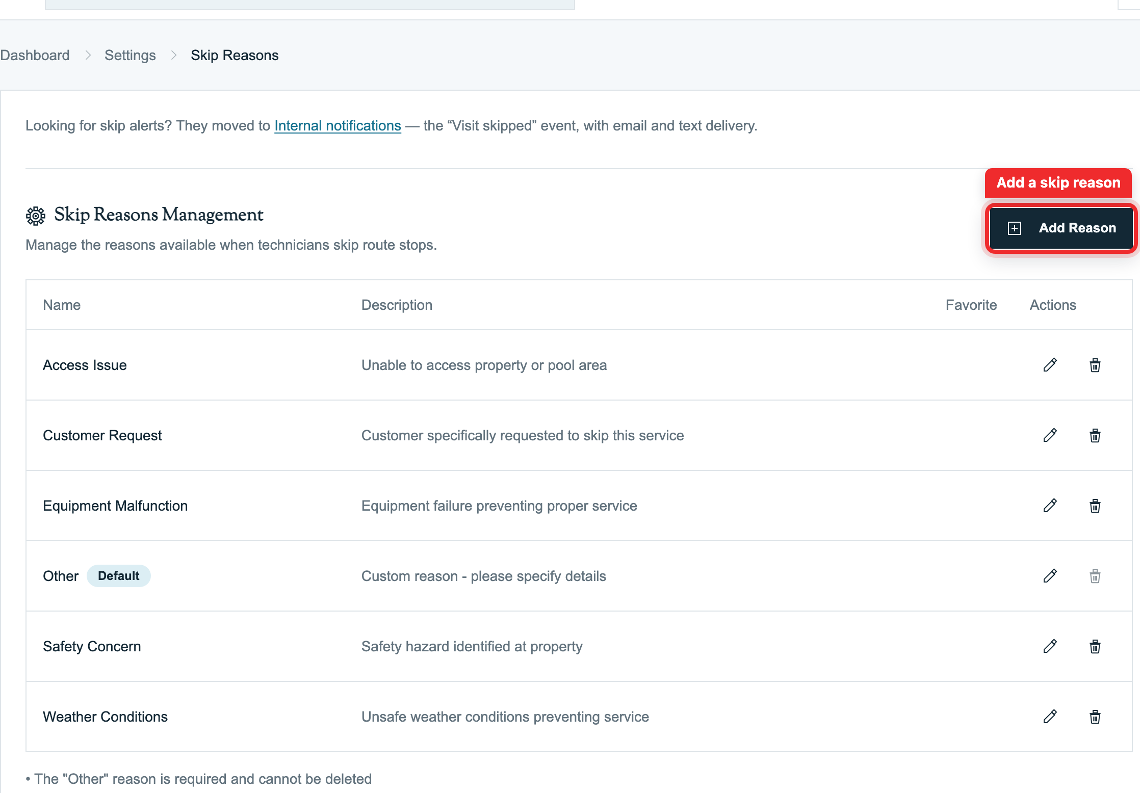 Skip Reasons settings with the reasons table and Add Reason button