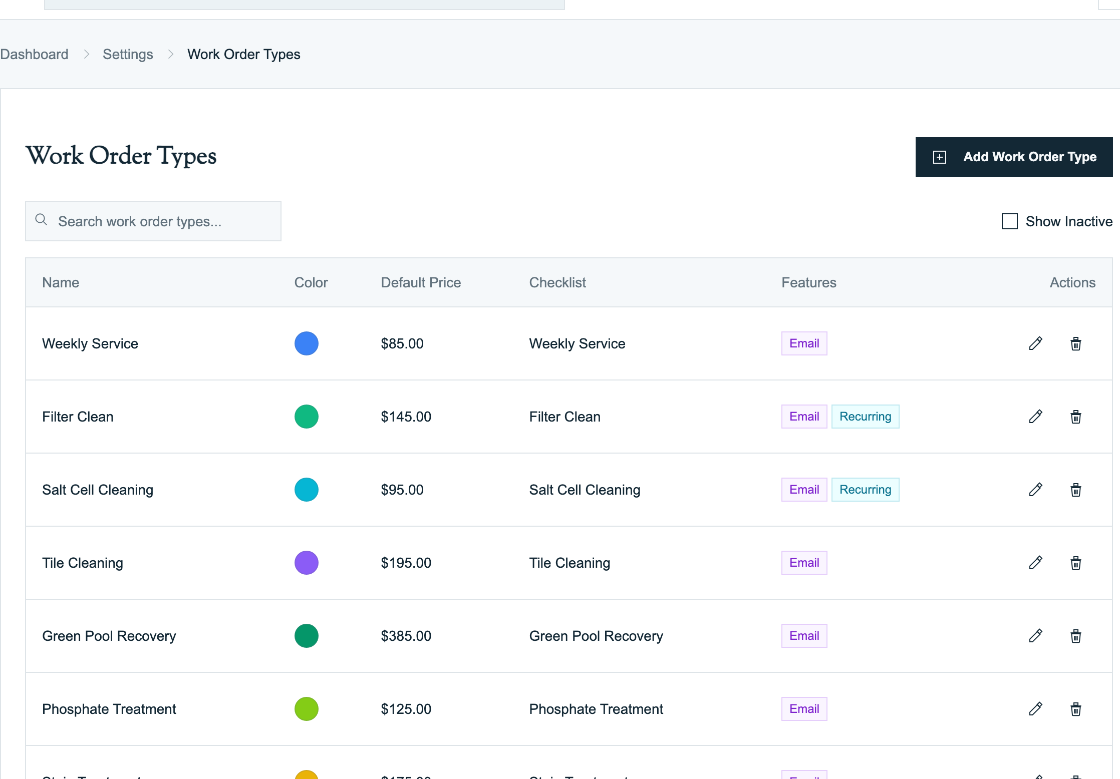 Work Order Types settings list with Name, Color, Default Price, Checklist, and Features columns, and the Add Work Order Type button
