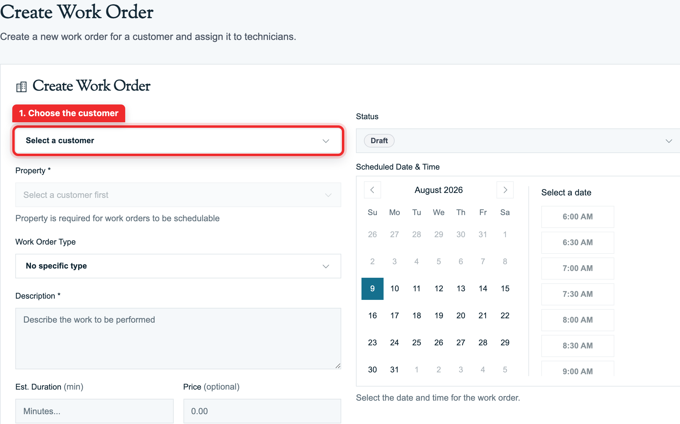 Work Orders page header with the Create work order button highlighted