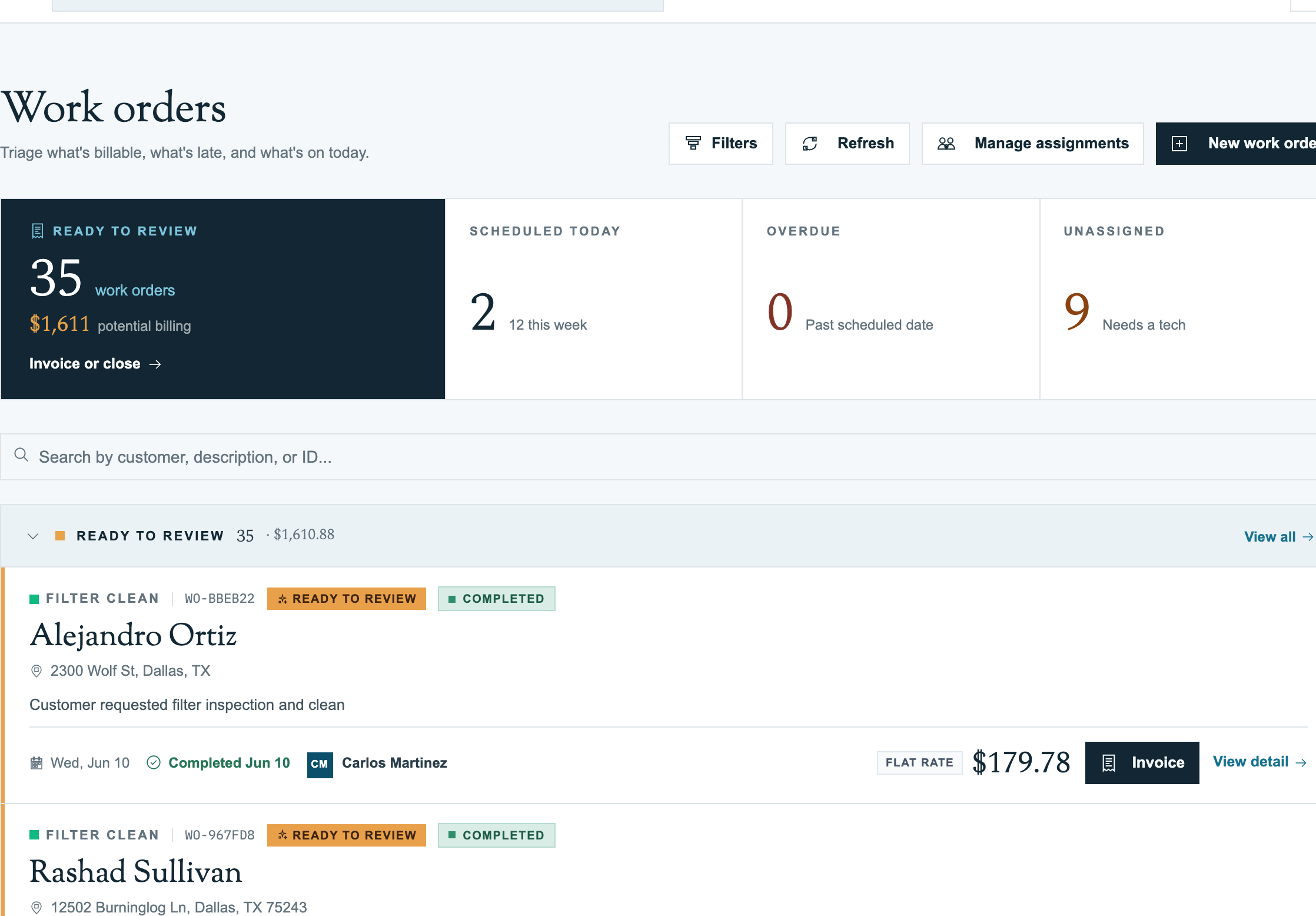 Work orders dashboard with the Ready to review, Overdue, and Today buckets and a metrics row across the top