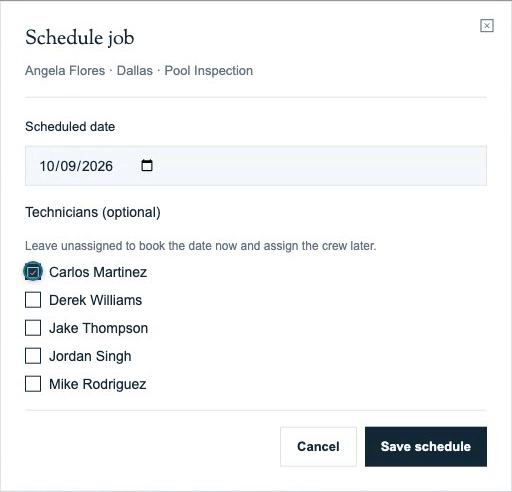 Schedule job dialog with a scheduled date, optional technician checkboxes, and Save schedule.